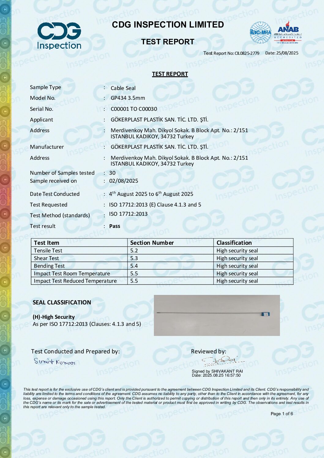 ISO17712:2013 – Cable Seal GP434-350